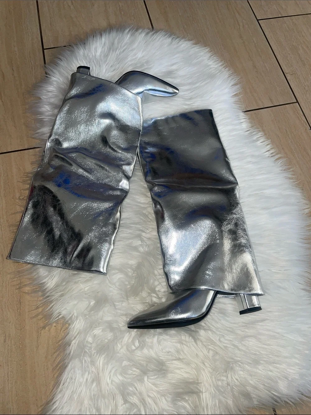 Metallic Silver Fold Over Pointy Toe, Knee High Boots